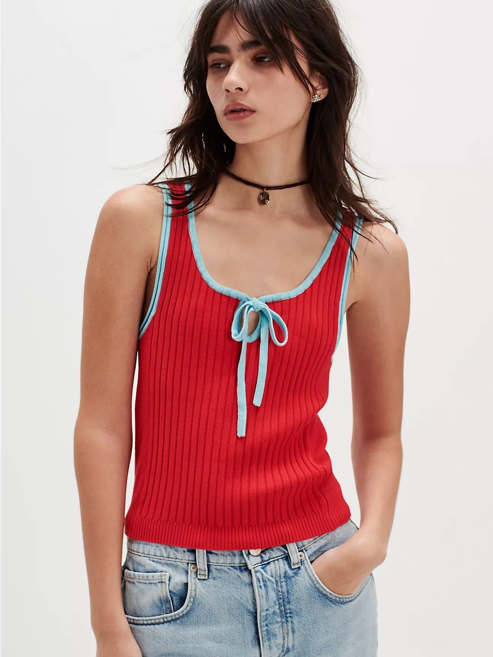 Free People Indie Sleaze Boho Retro Colourblock Red and Blue Knit Tank Top L